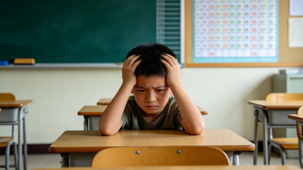 Jimeng 2026 03 05 7512 一个人头痛，用手捂着头，表情焦急。背景是教室，人物为一个少年810岁，真人 1024x576